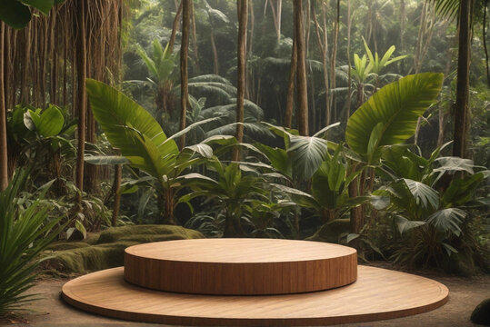 Wooden podium for product presentation in the jungle