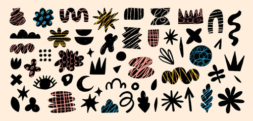 Hand drawn naive, bizarre abstract geometric shapes and forms. Modern contemporary figures, various organic shapes and doodle objects, vector graphic elements