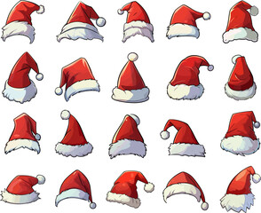 Santa red hats in cartoon style. Santas hat set with white fur for christmas portraits, vector xmas headpiece caps collection