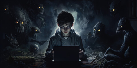 Cyber bullying, Young teenage boy using laptop, surrounded by online Demons and trolls - obrazy, fototapety, plakaty