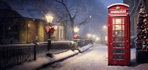 Christmas scene of bright red phone box on country Road in winter snow full. - obrazy, fototapety, plakaty