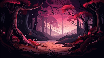 Magic evening or night forest cartoon landscape. Mysterious trees and road, fairy tale book illustration. Vector graphic background