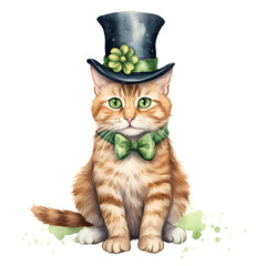 Watercolor Cute St Patrick Cat Clipart Illustration