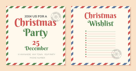 Christmas party invitation and wishlist template. Christmas letter to Santa with stamp. Holiday gift registry.  Vector illustration. - obrazy, fototapety, plakaty
