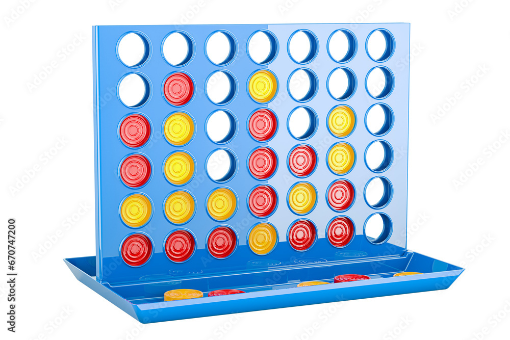Poster connect four, board game. the vertical checkers game. 3d rendering isolated on transparent backgroun