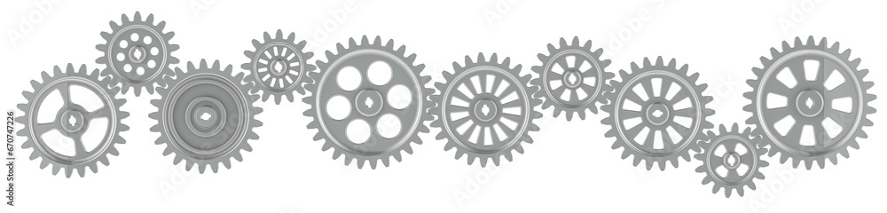 Poster row from steel cogs and gear wheels, 3d rendering isolated on transparent background