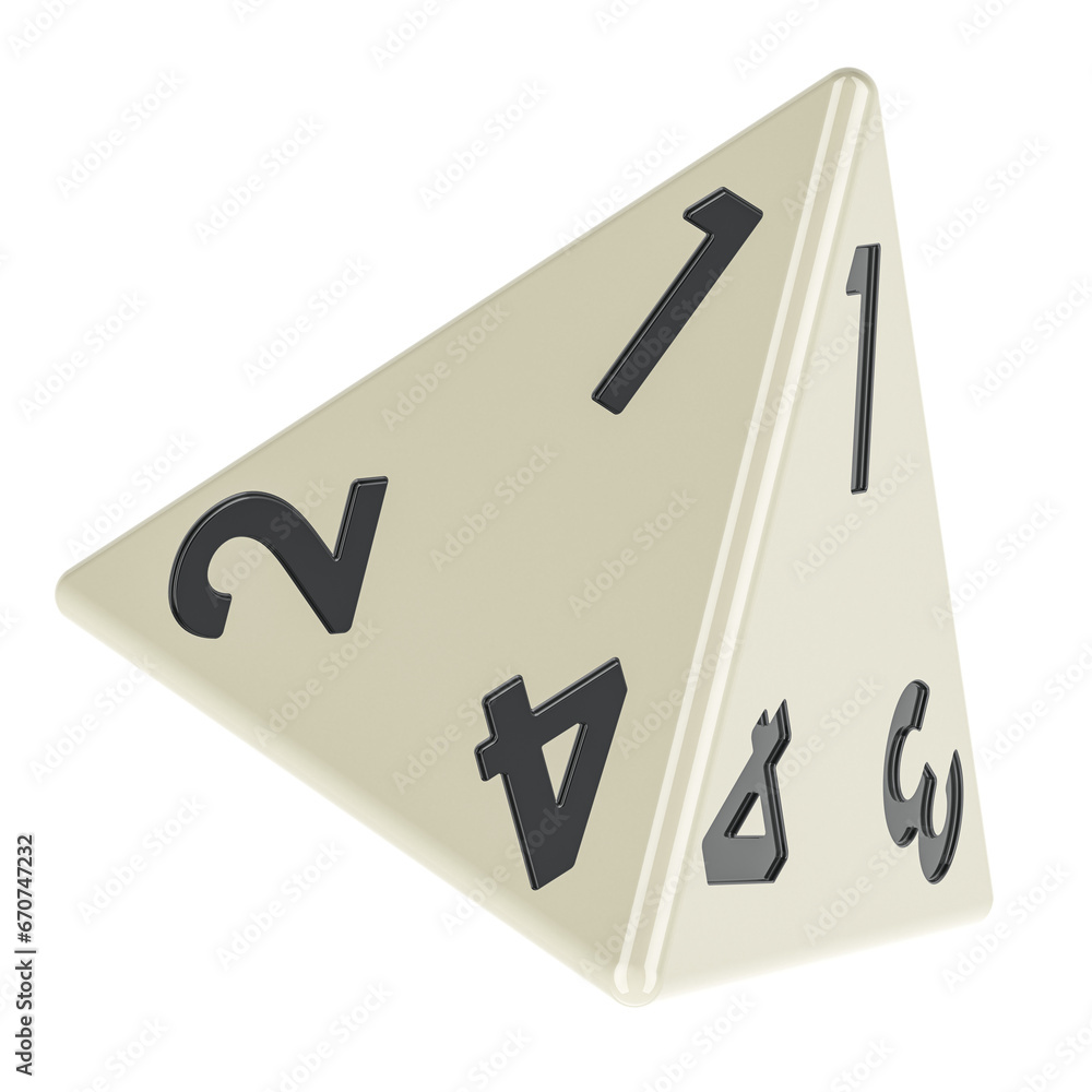 Poster white 4 sided die, tetrahedron dice. 3d rendering isolated on transparent background