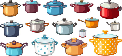 Saucepan, polka dot and metallic pots. Cartoon kitchenware set, supplies and tools for kitchen. Pot for cooking, colorful vector clipart