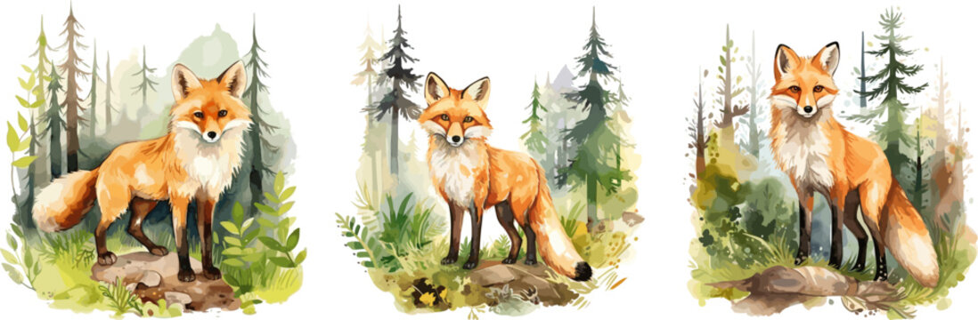 Watercolor drawing fox in forest. Red foxes in habitat on nature. Wild animals graphic art design, vector decorative animalistic illustration