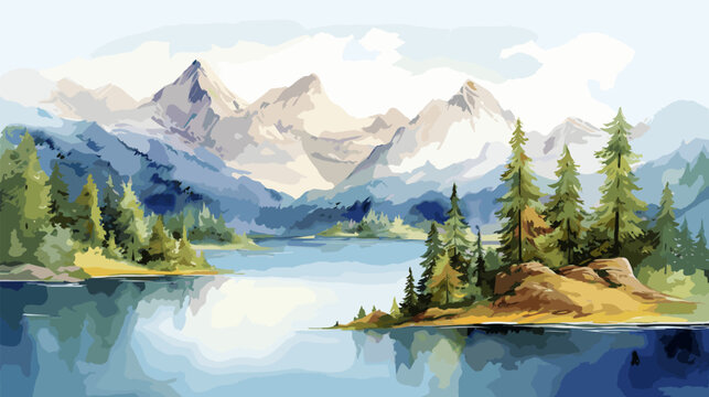 Watercolor imitation mountain, forest and lake landscape. Nature adventure, abstract background with peak mountains and rocks, vector graphic
