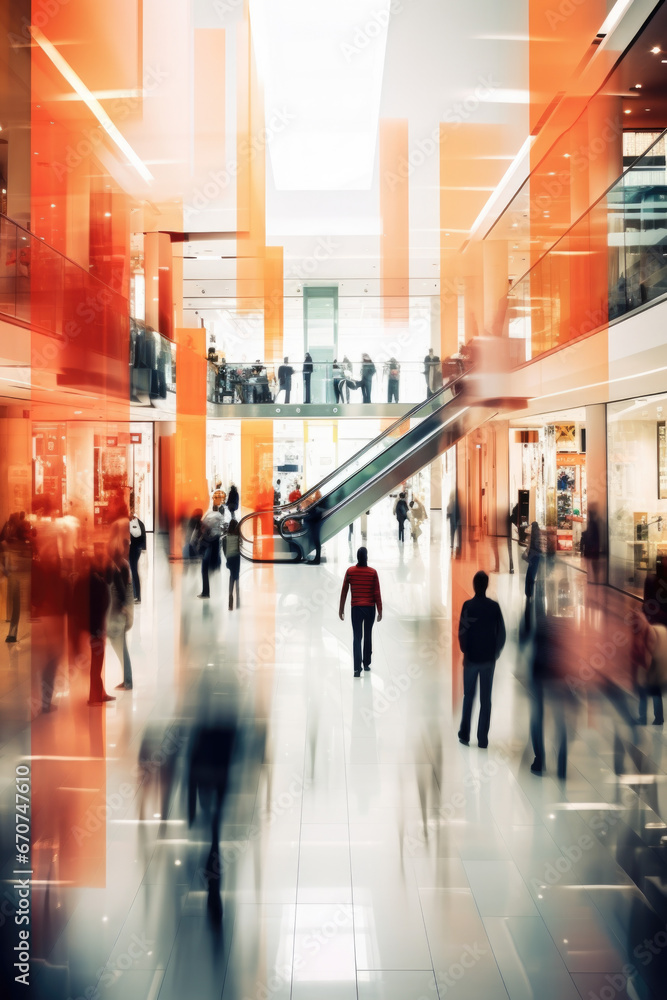 Poster a group of people walking through a shopping mall. this image can be used to depict a busy shopping 