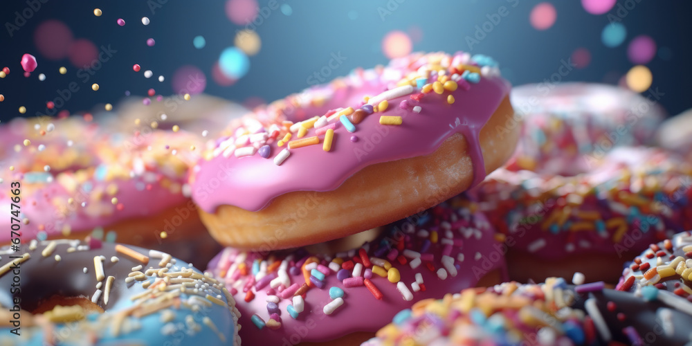 Poster a pile of donuts with colorful sprinkles. suitable for bakery and dessert-related designs.
