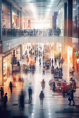 A group of people walking together through a bustling shopping mall. This image can be used to depict a busy shopping day or to illustrate consumerism and retail therapy. - obrazy, fototapety, plakaty