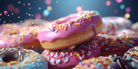 A pile of donuts with colorful sprinkles. Suitable for bakery and dessert-related designs. - obrazy, fototapety, plakaty
