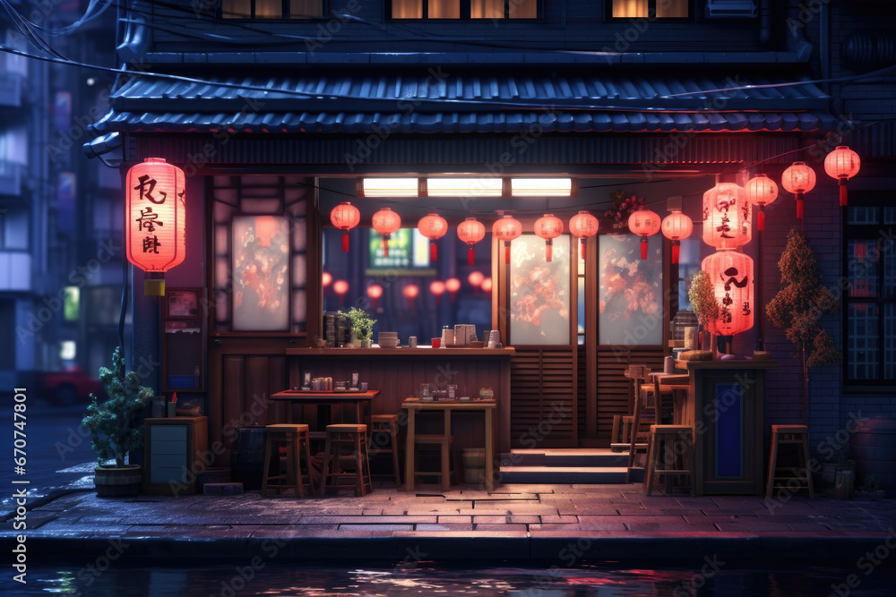 Poster a compact and straightforward description of a small asian restaurant with red lanterns hanging from