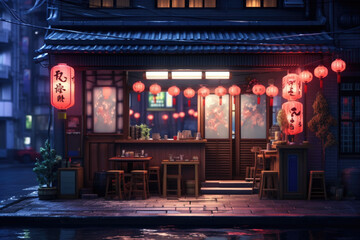 A compact and straightforward description of a small Asian restaurant with red lanterns hanging from the roof. This image can be used to showcase the ambiance and decor of a traditional Asian eatery.