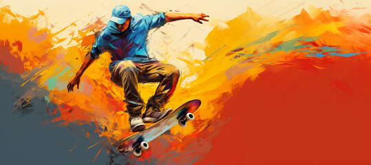 Man skateboarder, skateboarding sport action colorful splash painting illustration
