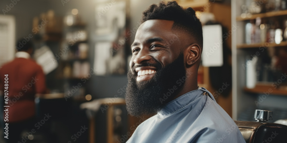 Poster a man with a beard sits in a barber shop, wearing a smile. this image can be used to depict a happy 