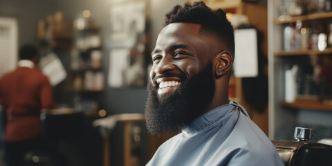 A man with a beard sits in a barber shop, wearing a smile. This image can be used to depict a happy customer in a barber shop setting.