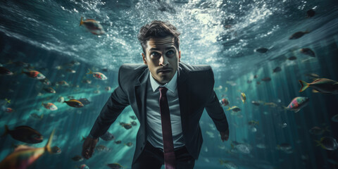 Drowning at work, man in suit, swimming underwater, simulating working in a pressured environment. - obrazy, fototapety, plakaty