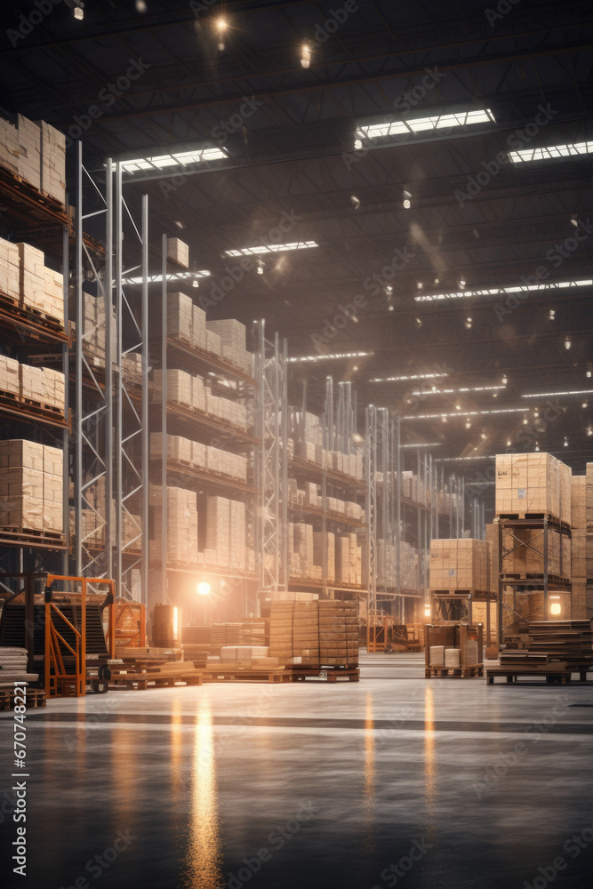 Poster a spacious warehouse filled with numerous boxes, providing ample storage space. ideal for business a