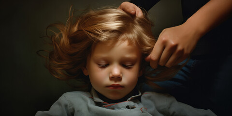 Boy having hair checked for nits  - obrazy, fototapety, plakaty