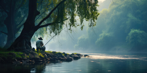 Obraz na płótnie Canvas Man sitting on riverbank fishing in peaceful setting 