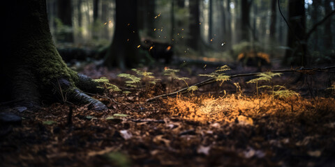 Obraz premium Low angle view of the forest floor with green shoots and mushrooms with sun rays breaking through the canopy 