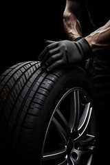 Obraz premium A man is seen holding a tire on a black background. This image can be used to illustrate concepts related to transportation, car maintenance, or a flat tire situation