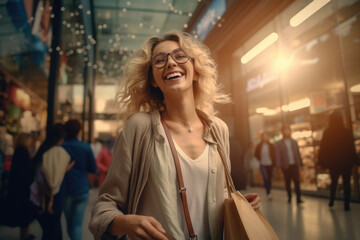 A woman is captured in a moment of laughter while holding a shopping bag. This image can be used to depict joy, retail therapy, or a successful shopping trip