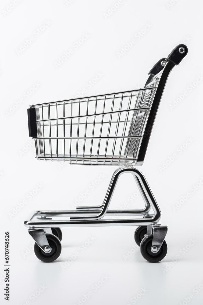 Poster A small shopping cart placed on top of a table. Perfect for illustrating concepts related to shopping, retail, consumerism, and grocery shopping.