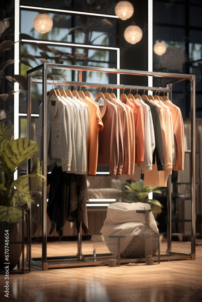 Poster a display of various clothes on a rack in a clothing store. perfect for showcasing the latest fashio