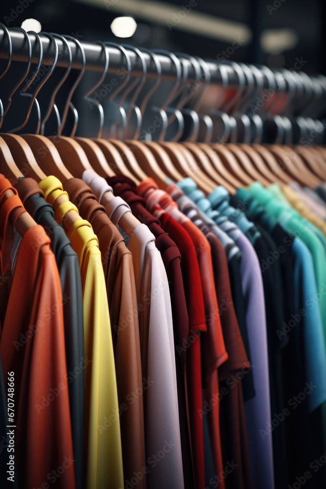 Poster a rack of colorful shirts hanging on a clothes rack. this image can be used to showcase a variety of