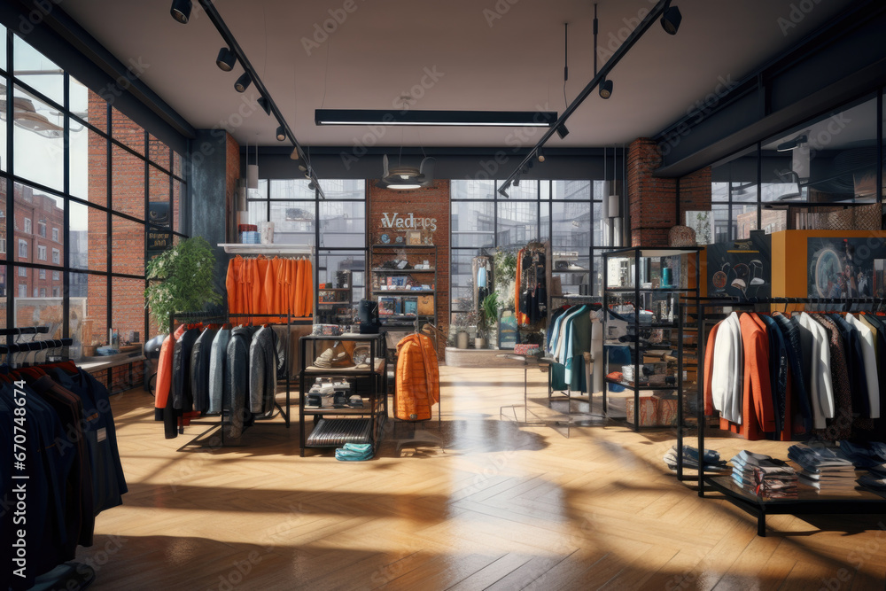 Poster a vibrant clothing store filled with a wide variety of clothes. this image can be used to showcase t
