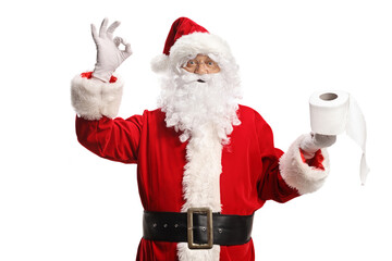 Santa claus holding a toilet paper roll and gesturing good sign