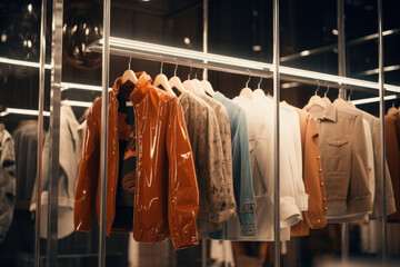 A row of clothes hanging on a rack. This image can be used to depict a clothing store, laundry service, or fashion industry