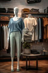 A mannequin stands in front of a display of clothing. This image can be used to showcase fashion trends or as a visual representation of a clothing store