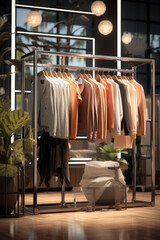 A display of various clothes on a rack in a clothing store. Perfect for showcasing the latest fashion trends and styles
