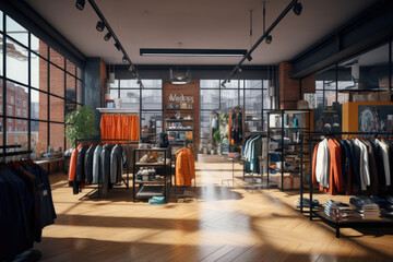 A vibrant clothing store filled with a wide variety of clothes. This image can be used to showcase the latest fashion trends or to illustrate the concept of retail shopping - obrazy, fototapety, plakaty