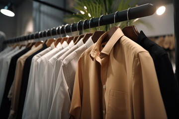 A row of shirts hanging on a rail. This versatile image can be used to depict fashion, clothing retail, laundry services, or organization - obrazy, fototapety, plakaty