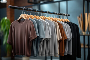 Fototapeta premium A row of shirts hanging on a rack. This picture can be used for clothing store advertisements or to showcase different shirt styles and colors.