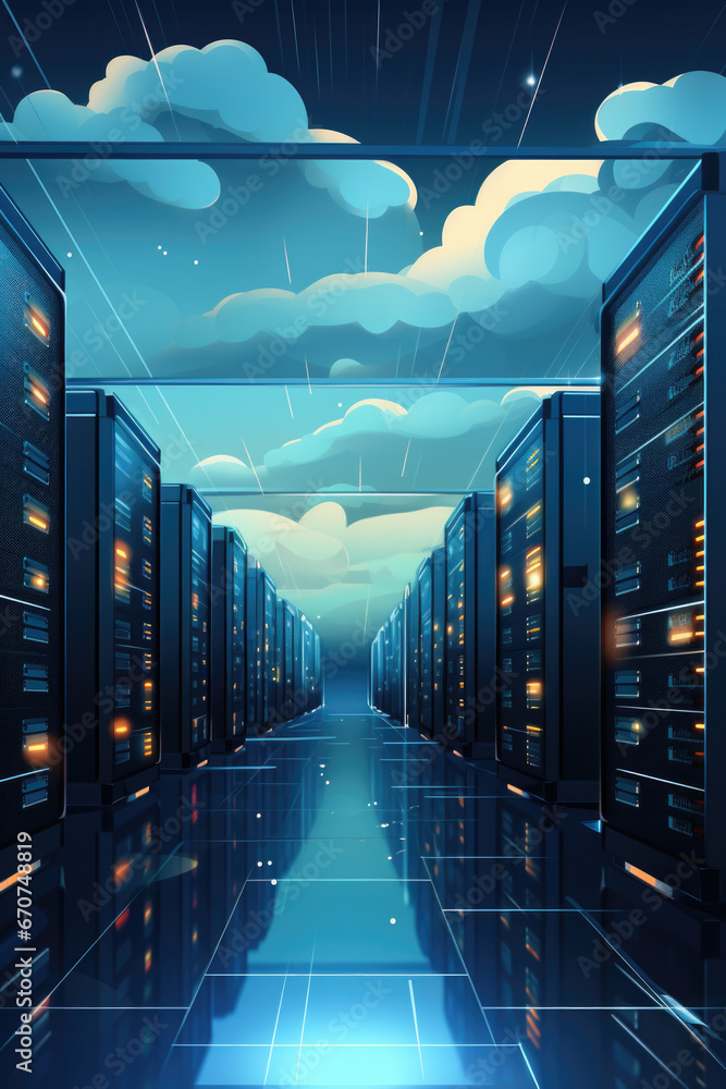 Poster A row of servers in a server room. Ideal for illustrating technology, data storage, and network infrastructure concepts
