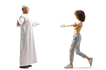 Muslim man meeting a young woman from different ethnicity