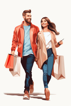 A picture of a man and a woman walking together, carrying shopping bags. This image can be used to represent shopping, retail therapy, couple outing, or consumerism