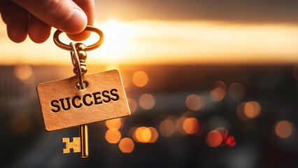 Hand handing over the key to success on a blurred golden background. AI Generated - obrazy, fototapety, plakaty