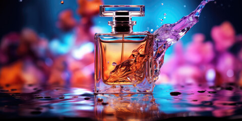 Perfume bottle with exploding colourful liquid.  - obrazy, fototapety, plakaty