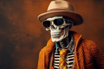 Fashionable human skeleton model in stylish clothes, glasses and hat in trendy colors posing. Glamorous male skeleton dressed in orange golden clothes on a gradient background. With copy space.