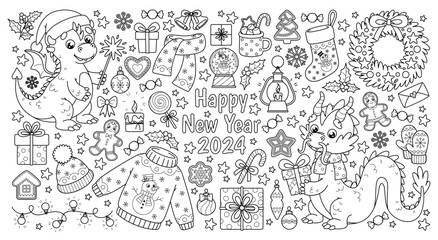 Outline set of Christmas elements and symbols Chinese New Year 2024 for holiday design. Cute Dragons, Xmas decorations and other. Vector contour cartoon illustrations perfect for kids coloring page.