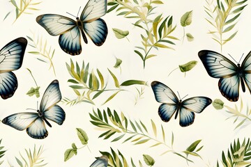 flora, butterfly seamless painted with watercolors. generative AI