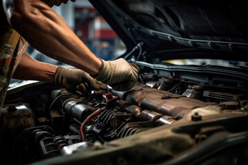 Fototapeta na wymiar Close-up of a mechanics hands while fixing a car engine 